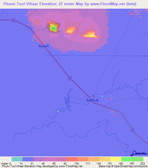 Phumi Tuol Vihear,Cambodia Elevation Map
