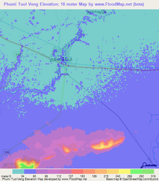 Phumi Tuol Veng,Cambodia Elevation Map