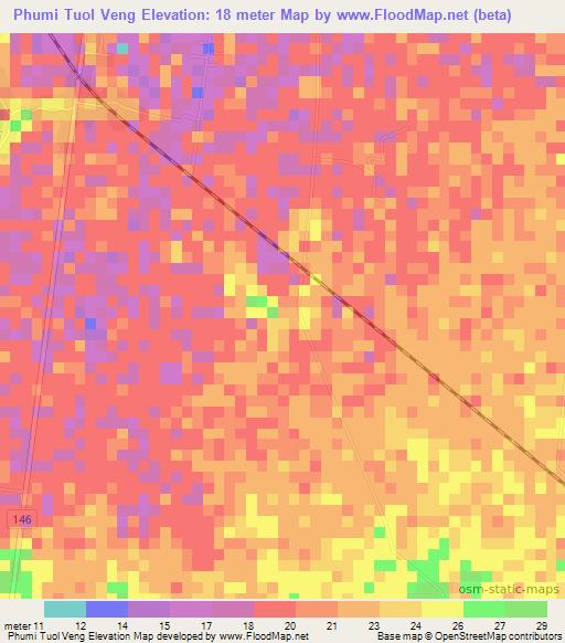 Phumi Tuol Veng,Cambodia Elevation Map