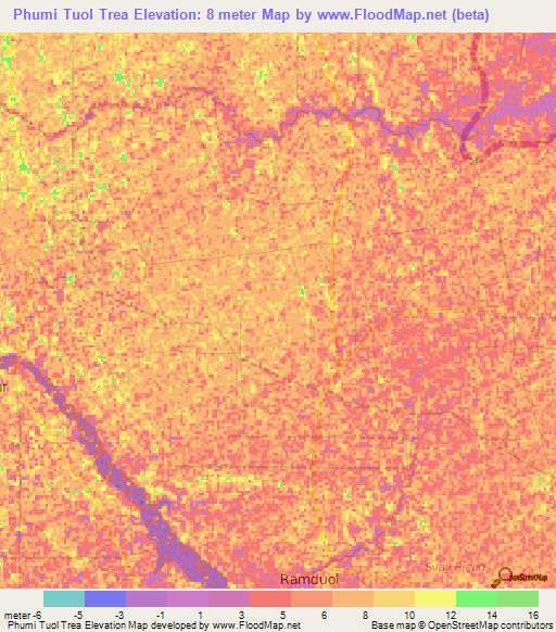 Phumi Tuol Trea,Cambodia Elevation Map
