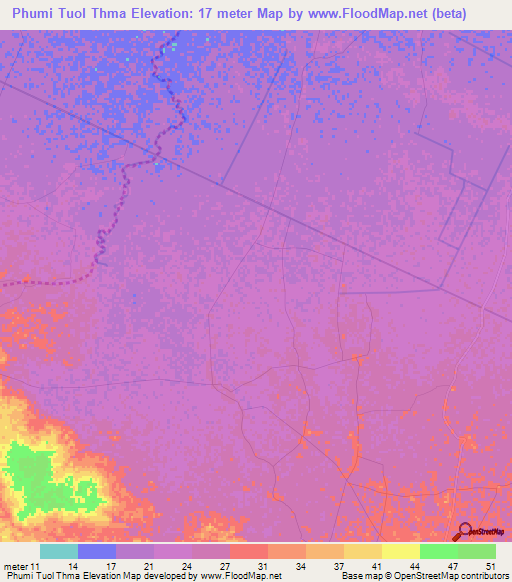 Phumi Tuol Thma,Cambodia Elevation Map