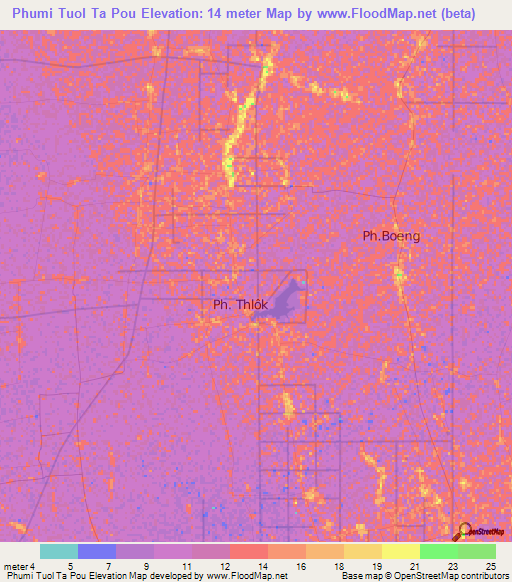 Phumi Tuol Ta Pou,Cambodia Elevation Map