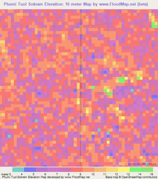 Phumi Tuol Sokram,Cambodia Elevation Map