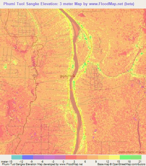 Phumi Tuol Sangke,Cambodia Elevation Map