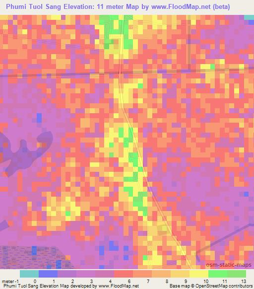 Phumi Tuol Sang,Cambodia Elevation Map