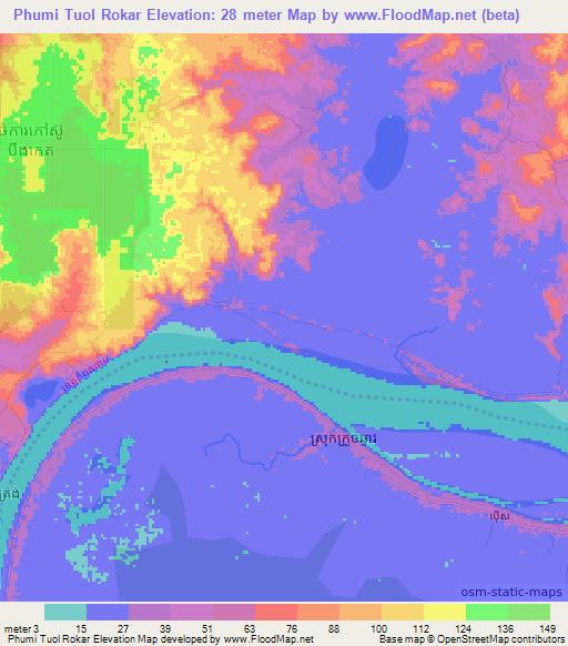 Phumi Tuol Rokar,Cambodia Elevation Map