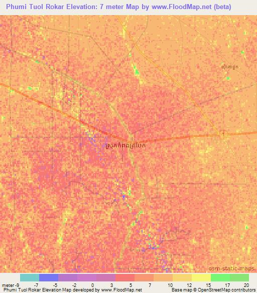 Phumi Tuol Rokar,Cambodia Elevation Map