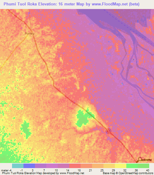 Phumi Tuol Roka,Cambodia Elevation Map