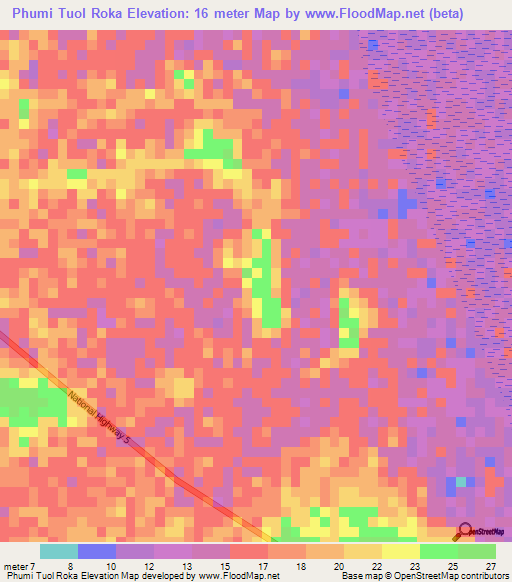 Phumi Tuol Roka,Cambodia Elevation Map