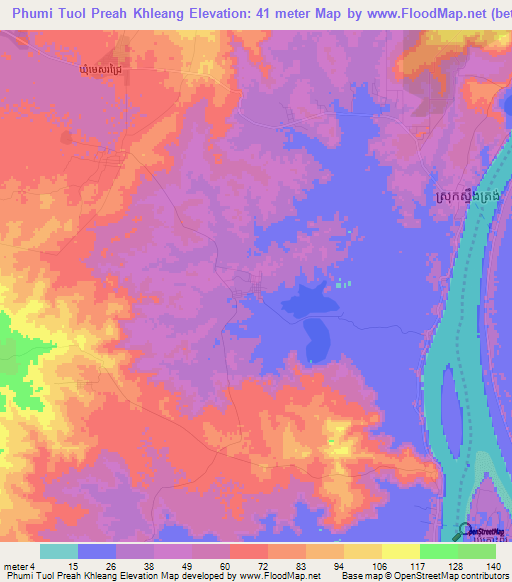 Phumi Tuol Preah Khleang,Cambodia Elevation Map