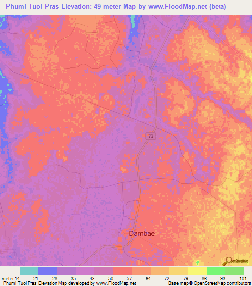Phumi Tuol Pras,Cambodia Elevation Map
