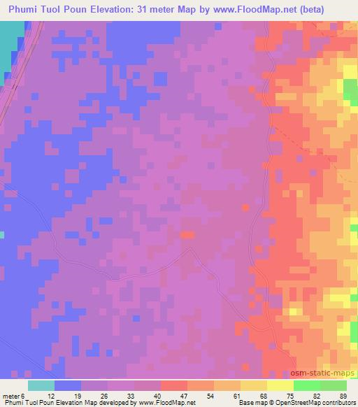 Phumi Tuol Poun,Cambodia Elevation Map