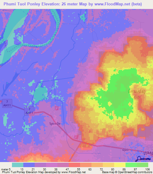 Phumi Tuol Ponley,Cambodia Elevation Map