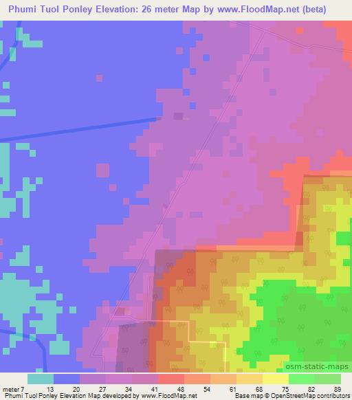 Phumi Tuol Ponley,Cambodia Elevation Map