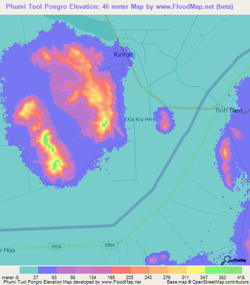Phumi Tuol Pongro,Cambodia Elevation Map