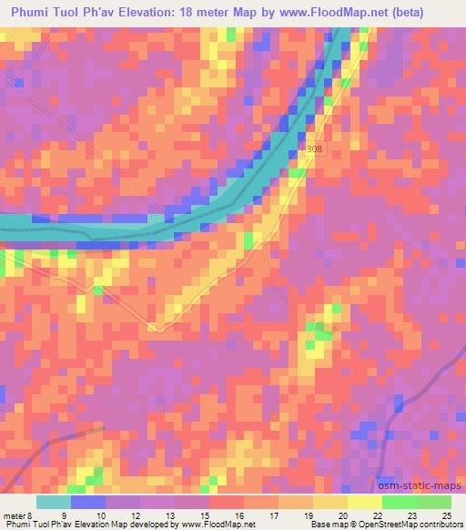 Phumi Tuol Ph'av,Cambodia Elevation Map