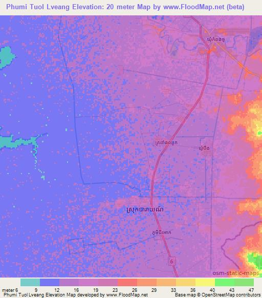 Phumi Tuol Lveang,Cambodia Elevation Map