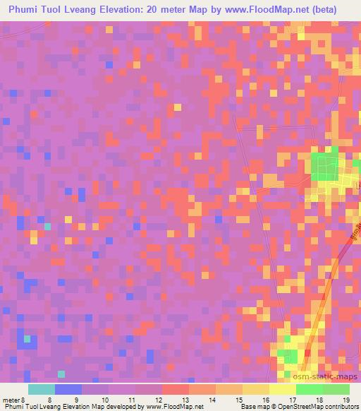 Phumi Tuol Lveang,Cambodia Elevation Map