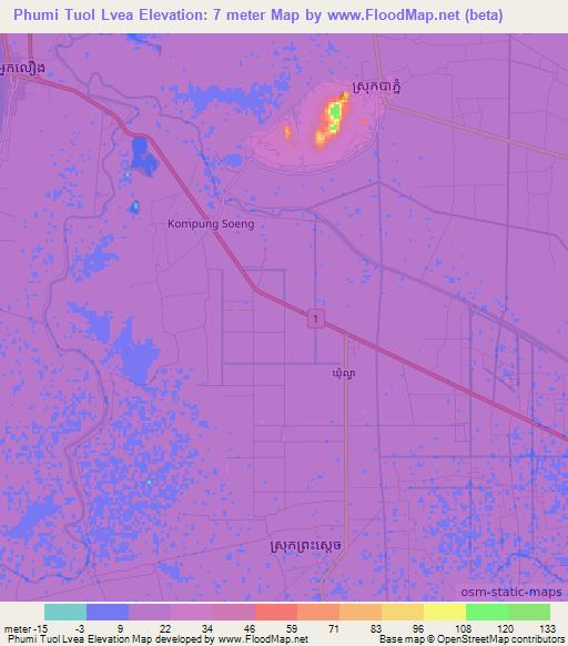 Phumi Tuol Lvea,Cambodia Elevation Map