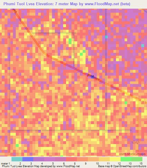 Phumi Tuol Lvea,Cambodia Elevation Map