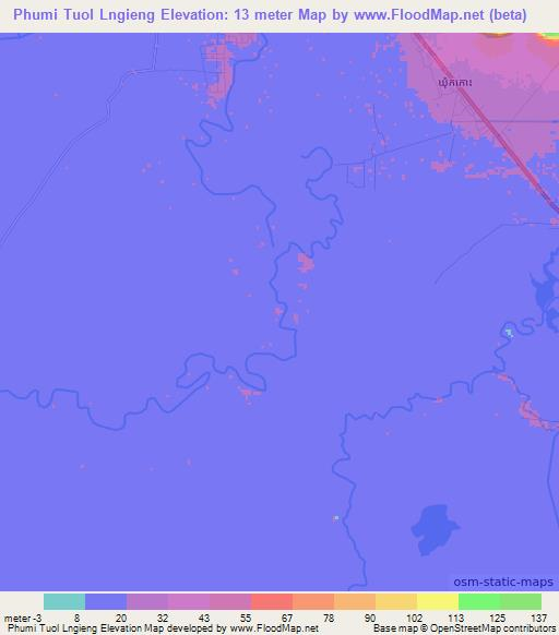 Phumi Tuol Lngieng,Cambodia Elevation Map