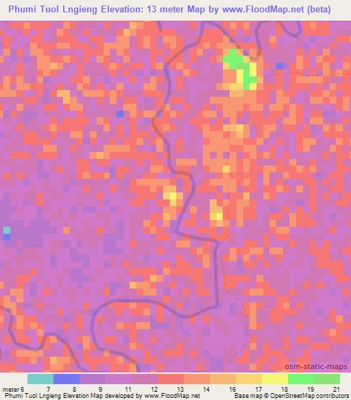 Phumi Tuol Lngieng,Cambodia Elevation Map