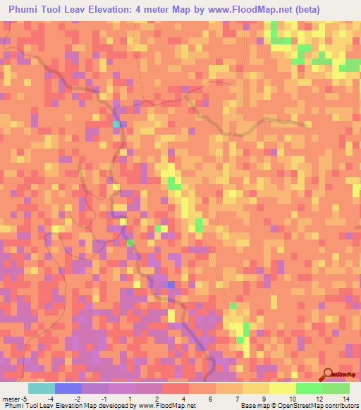 Phumi Tuol Leav,Cambodia Elevation Map