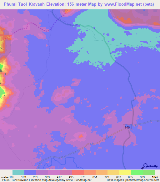 Phumi Tuol Kravanh,Cambodia Elevation Map