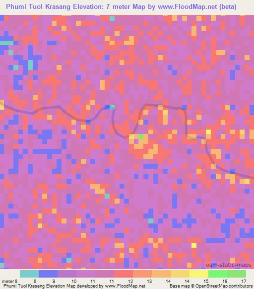 Phumi Tuol Krasang,Cambodia Elevation Map