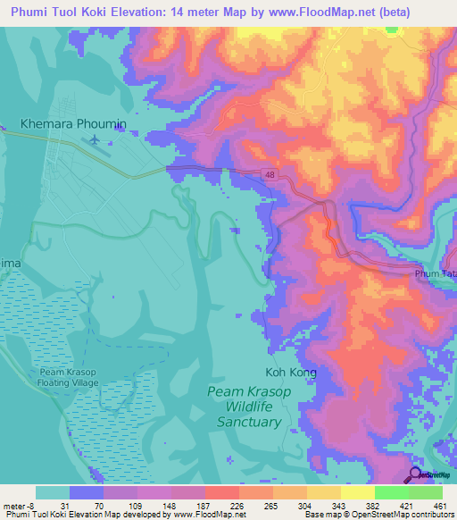 Phumi Tuol Koki,Cambodia Elevation Map