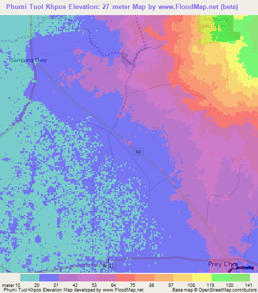 Phumi Tuol Khpos,Cambodia Elevation Map