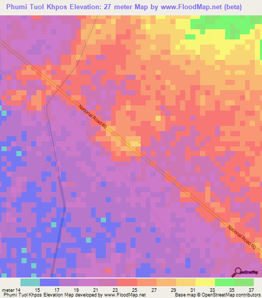 Phumi Tuol Khpos,Cambodia Elevation Map