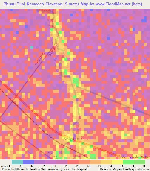 Phumi Tuol Khmaoch,Cambodia Elevation Map