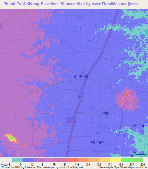 Phumi Tuol Khlong,Cambodia Elevation Map