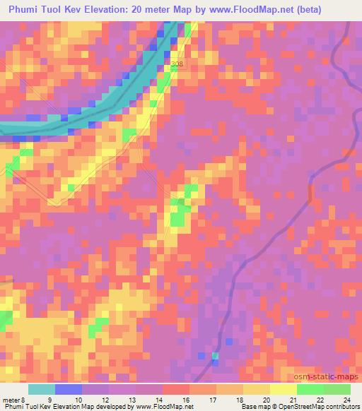 Phumi Tuol Kev,Cambodia Elevation Map