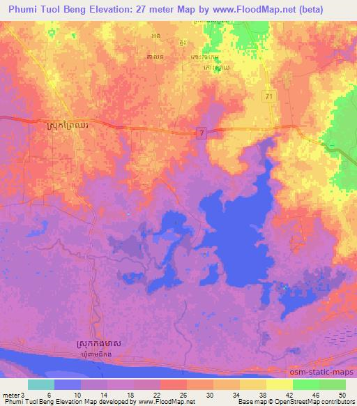 Phumi Tuol Beng,Cambodia Elevation Map
