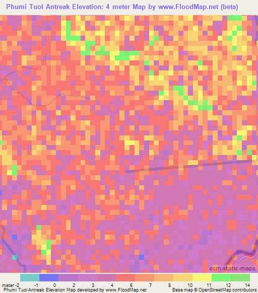 Phumi Tuol Antreak,Cambodia Elevation Map
