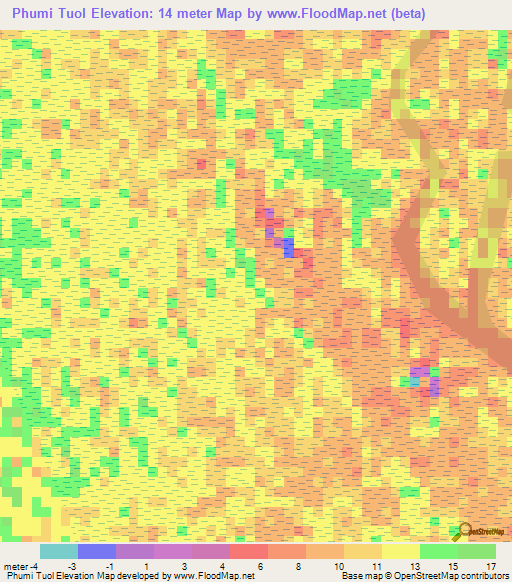 Phumi Tuol,Cambodia Elevation Map