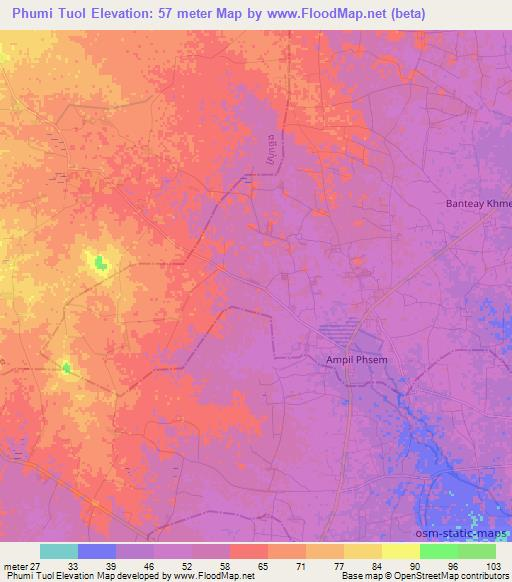 Phumi Tuol,Cambodia Elevation Map