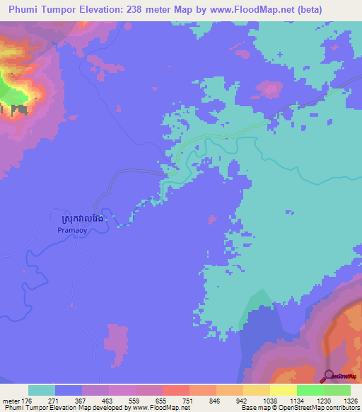 Phumi Tumpor,Cambodia Elevation Map