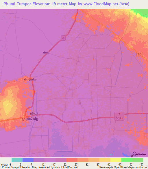Phumi Tumpor,Cambodia Elevation Map