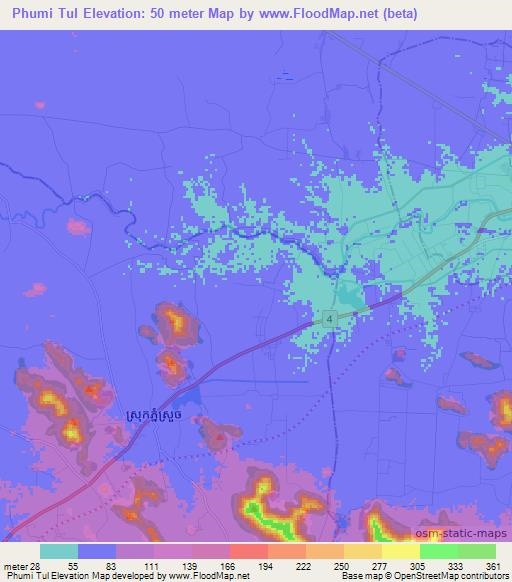 Phumi Tul,Cambodia Elevation Map