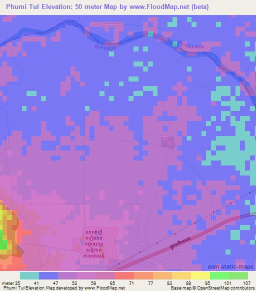 Phumi Tul,Cambodia Elevation Map