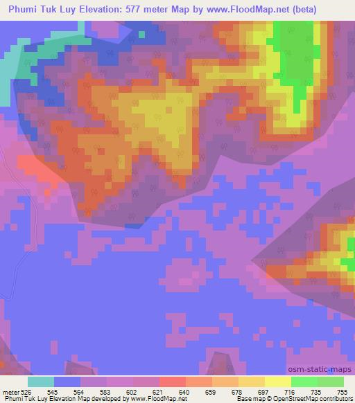 Phumi Tuk Luy,Cambodia Elevation Map
