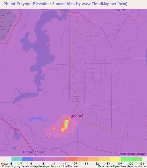 Phumi Troyong,Cambodia Elevation Map