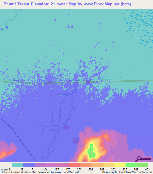Phumi Troam,Cambodia Elevation Map