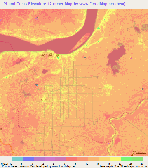 Phumi Treas,Cambodia Elevation Map