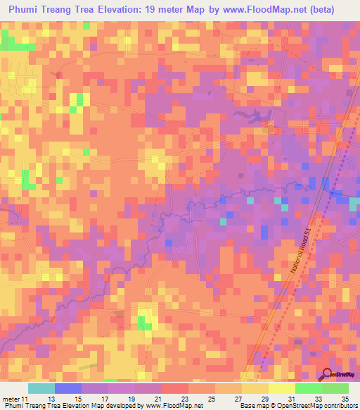 Phumi Treang Trea,Cambodia Elevation Map