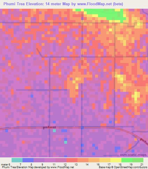 Phumi Trea,Cambodia Elevation Map