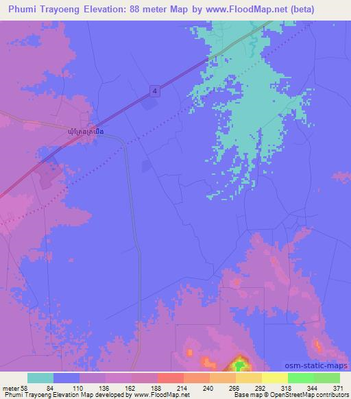 Phumi Trayoeng,Cambodia Elevation Map